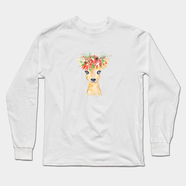 Christmas deer painting Long Sleeve T-Shirt by colorandcolor